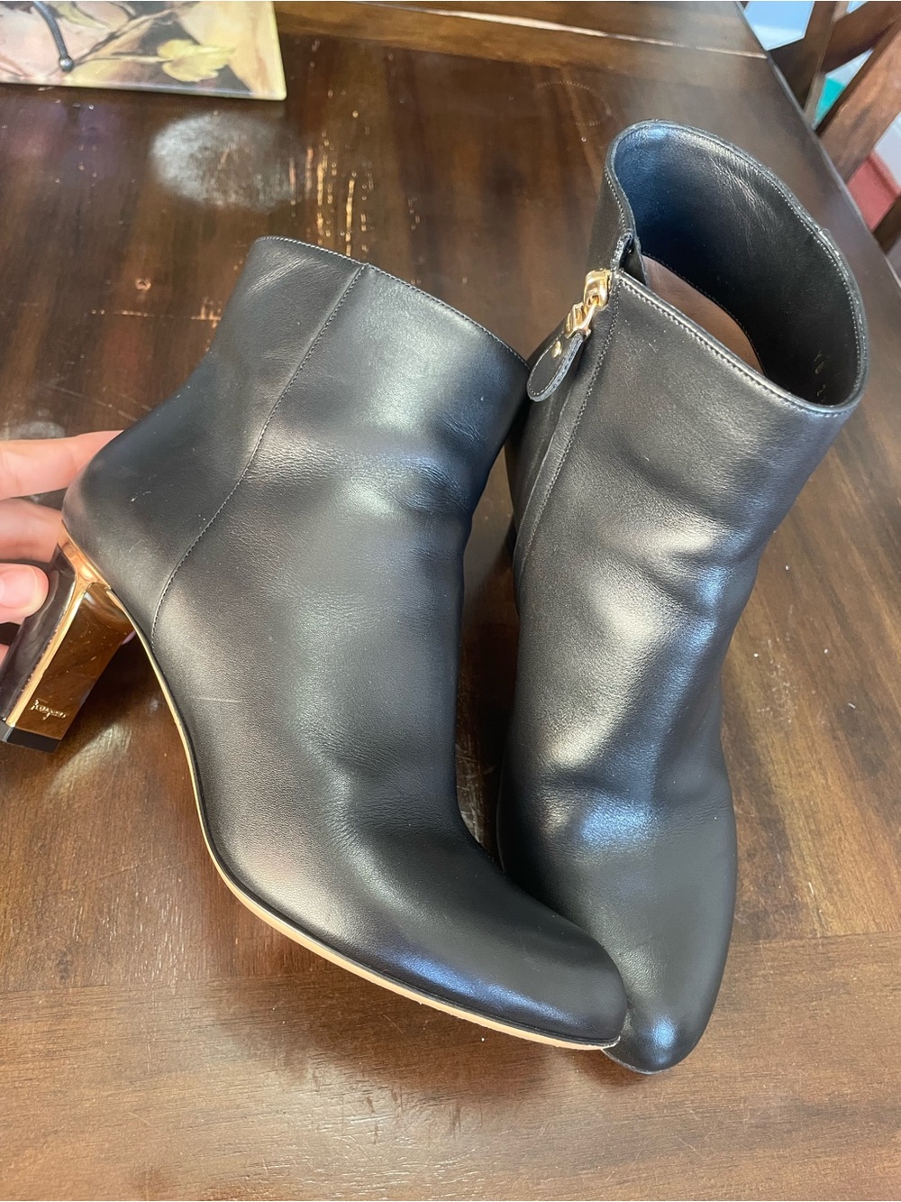 Salvatore Ferragamo Black Leather Ankle Booties with Gold Heel